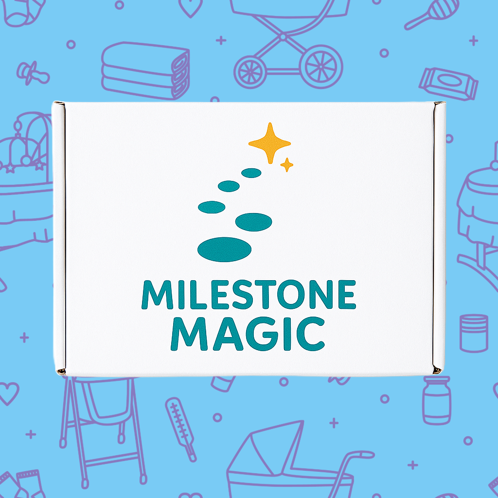 White Milestone Magic box for pregnancy milestone box with teal and gold logo on blue background