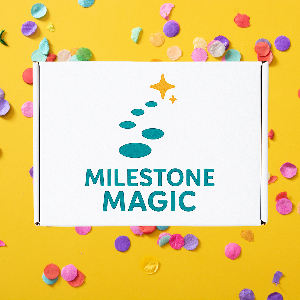 Milestone Magic logo on a yellow background with colorful confetti