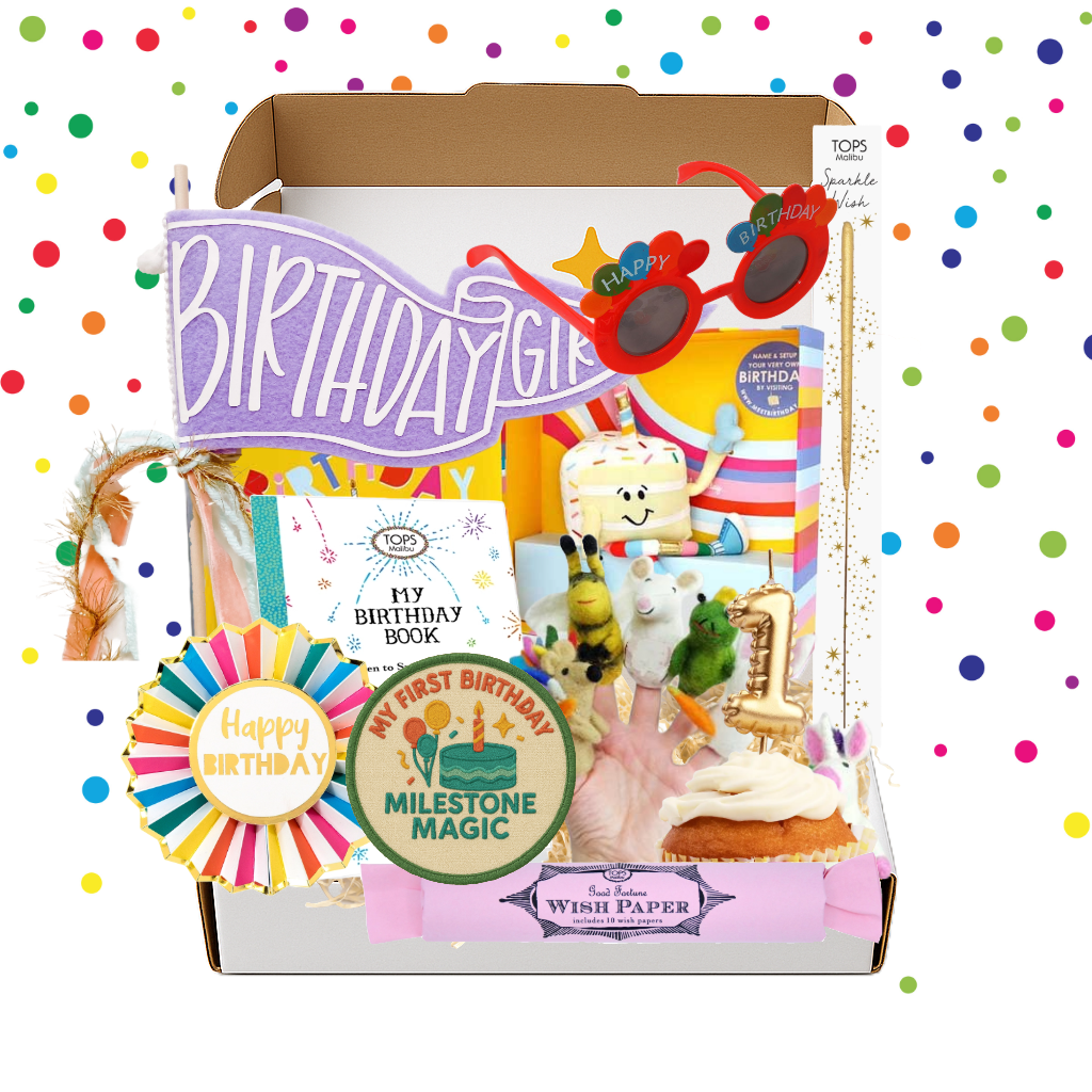 My first birthday party kit with birthday girl sash sunglasses cupcake candle and milestone magic badge