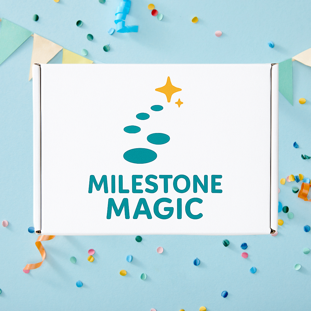 Milestone Magic box on blue background with confetti and banners for my first birthday party kit