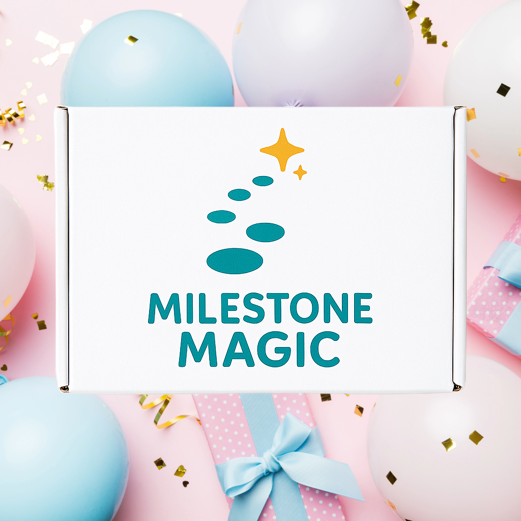 Milestone Magic box with my first birthday party kit surrounded by pastel balloons and gifts
