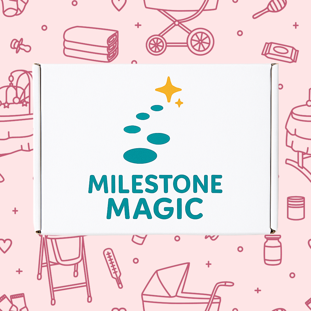 Milestone Magic white pregnancy milestone box with teal and yellow logo on pink baby-themed background
